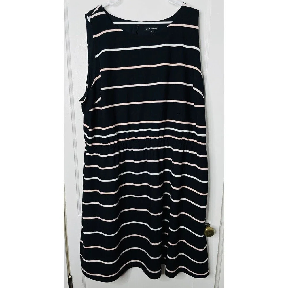 Lane Bryant Midi Dress 28 Pink Stripe Stretch Cinched Sleeveless Business Casual